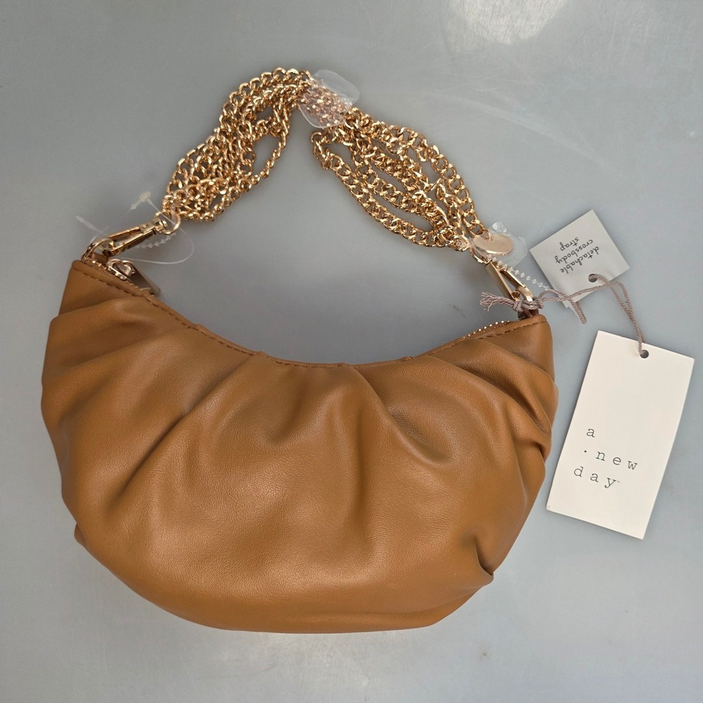 A New Day Ruched Crescent Handbag‎ Cognac Brown Gold Chain Link Strap NWT